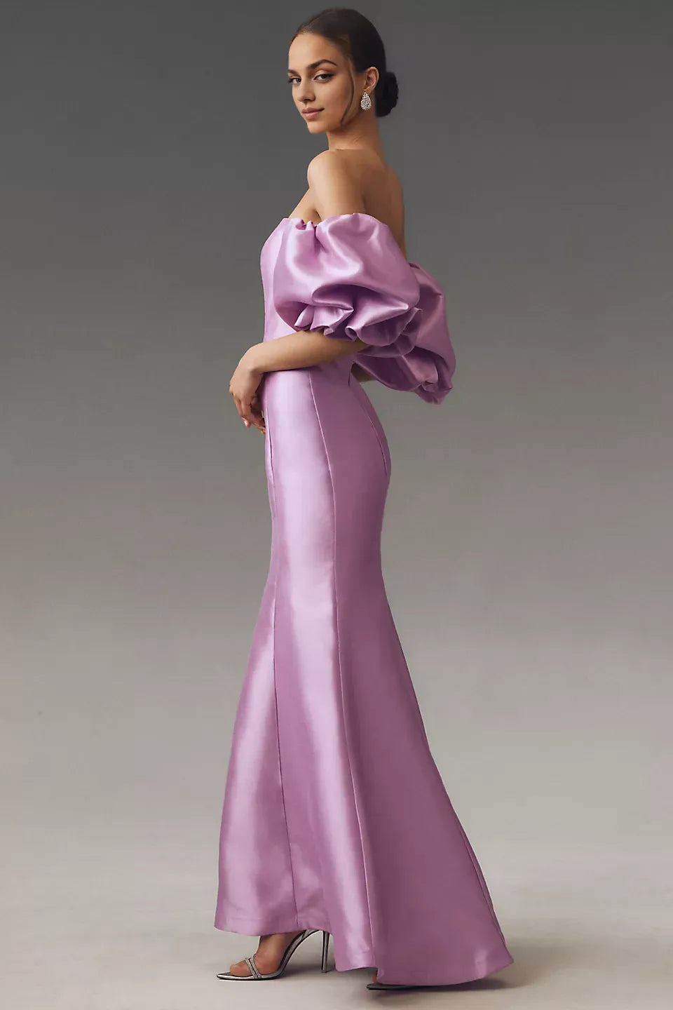 Robe Weitese élégante en satin, décolleté en cœur, épaules dénudées, manches lanternes, robe de bal sirène longue